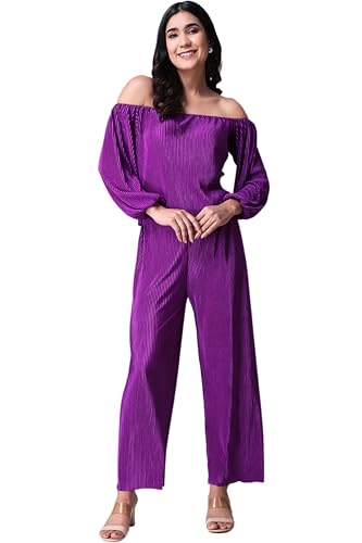 Image of POPWINGS Casual Wrinkle Full Sleeves Off-Shoulder Top and Palazzo Co-ord Set for Women || Co-Ords Set for Women Stylish Western || Top and Palazzos Set for Women|| 2 Piece Set for Women