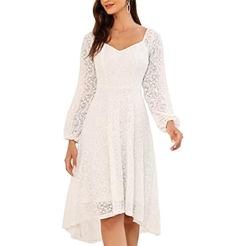 JASAMBAC Plus Size Floral Lace Cocktail Dress for Women Elegant Long Sleeve Round Neck Wedding Guest Dresses A Line Dress 2XL White Cover