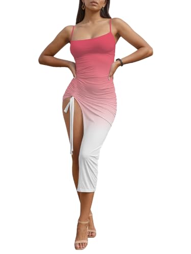 Image of Nimsruc Womens Sexy Summer Dresses Spaghetti Strap Thigh-high Slit Ruched Bodycon Maxi Club Cocktail Party Dress