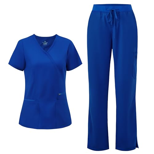 Scrubs for Women - Mock Wrap Top & Straight Leg Pants, Royal Blue, L by COZYFIT - Used condition - US$34.46
