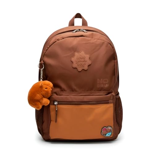 Mochila Escolar Capivara Juvenil, Poliéster, 43x30x13cm, com Chaveiro, Bolsos Laterais (Marrom)
