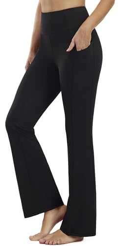 Persit Pantalon évasé Bootcut pour femme, pantalon de yoga, de sport, de jazz avec poches latérales, Noir , M