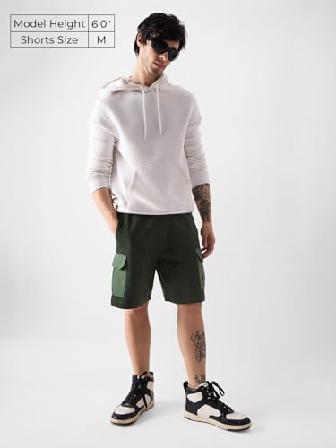 Image of The Souled Store Dark Olive Men Regular Fit Solid Cotton and Polyester Utility Shorts