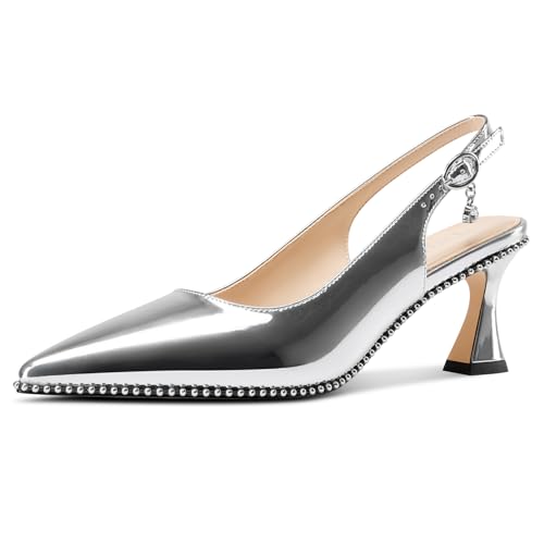TNYNFBEB Womens Kitten Heel Pointed Toe Pumps Beaded Slingback Slip-on Buckle Prom Party Dress Basic Classic Patent Leather 2.6 Inches Heels
