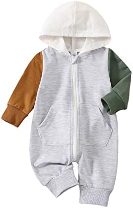 BemeyourBBs Newborn Baby Boy Clothes Color Block Long Sleeve Zipper Hooded Romper with Pocket Fall One Piece Outfits(6-12 Months, Zipper Grey)