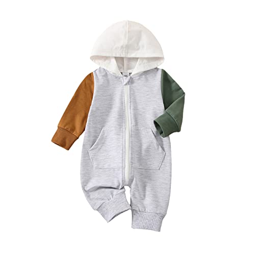 BemeyourBBs Newborn Baby Boy Clothes Color Block Long Sleeve Zipper Hooded Romper with Pocket Fall One Piece Outfits(0-3 Months, Zipper Grey)