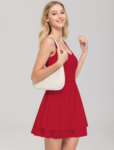 Image of IWD Women's Square Neck Sleeveless Mini Dress Ruched Waist Tiered Ruffle Hem A Line Short Dresses