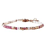 Turmalina rosa fuerte como pulsera de la joya, piedra preciosa natural con perlas apilables para las mujeres, regalo inspirador para ella (Gold)