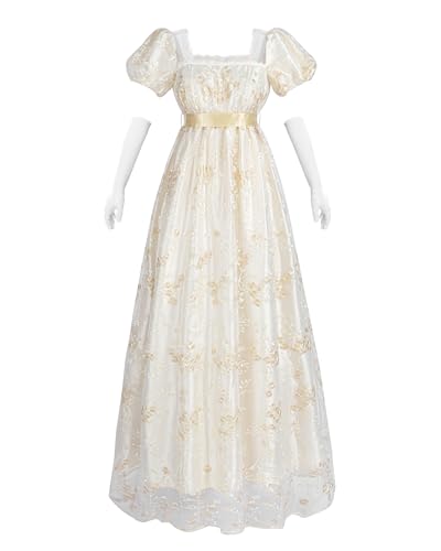 FCCAM Regency Kleider für Frauen 1800er Vintage Kleid Viktorianisches Ballkleid mit Handschuhen, Gold, XL