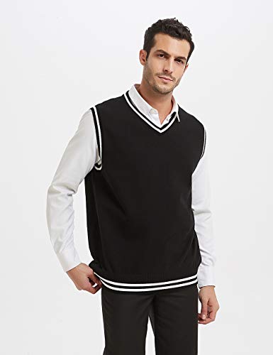 Toptie Mens Sweater Vest, Black And White Trimmed V-Neck Soft Knit Pullover #TOP1