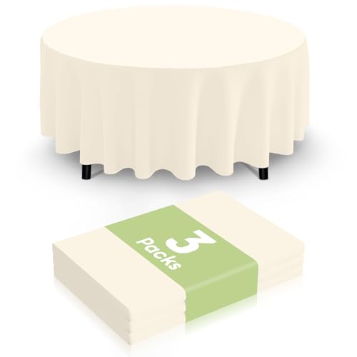 Image of Smiry Disposable Table Cloth 3 Pack, 84 Inch Round Waterproof Plastic Tablecloth, Decorative Round Table Covers for Party, Birthday, Picnic, Beige