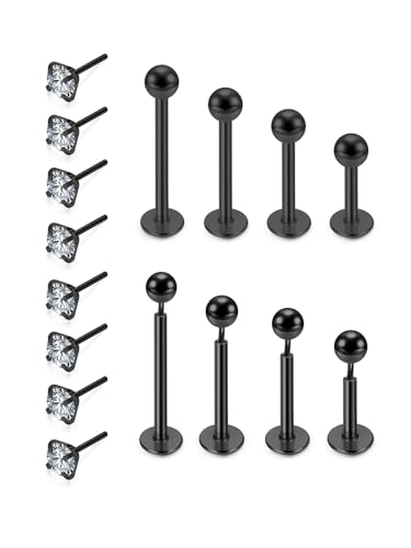 PiercingJak 4 Paar 16G Chirurgenstahl Lippenpiercing Labret Monroe Tragus Helix Piercings Stud Ohrringe mit Kugel Zirkonia Puch In Ohrpiercing Stecker 6mm 8mm 10mm 12mm, Schwarz