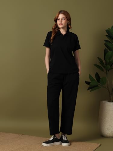 Image of Kvetoo Women Solid Tracksuit Set Cotton Lounge Wear Set Half Sleeve Polo T-Shirt & Straight Pant Casual Travel Outfit