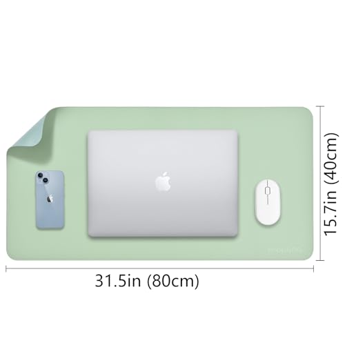 Image of AROPANA Vegan Leather Desk Mat | Large Reversible Mouse Pad & Table Protector | Dual-Side Waterproof Laptop Pad with Edge-Stitched Design (80x40CM, Light Green & Blue)