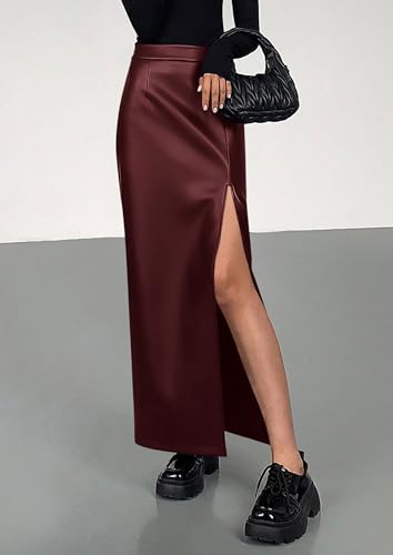 PRETTYGARDEN Womens Faux Leather Skirts 2025 Fall Fashion Bodycon High Waisted Slit Work Office Winter Maxi Long Pencil Skirt