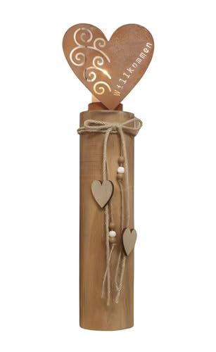 Windlichtsäule Herz aus Holz & Metall mit Echtrost, 44 cm hoch, Holzsäule, Dekosäule mit Kerzenglas, Bodenwindlicht, Kerzensäule mit Glas-Windlicht