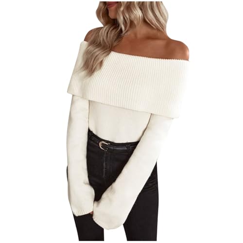 NSICBMNO White Knitted Jumpers for Women Off Shoulder Tops Ribbed Knit Sweater Cashmere Jumpers Ladies Long Sleeve Tunic Tops Pullover Slim Fit Jumper Elegant Bardot Top Sexy Going Out Blouse Shirt