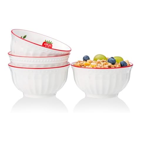 CHILDIKE Porcelain Bowls Set Strawberry 4 Inch Cereal Bowls Set of 4, Bowls for Dessert, Ice cream, Soup, Rice, Fruits, 10 OZ Cover