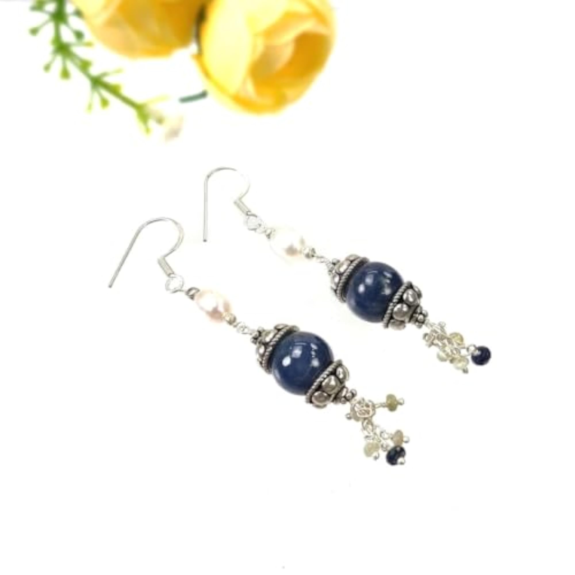 Women's 925 Sterling Silver Drop Dangle Earrings with Natural Blue Sapphire & Pearl
