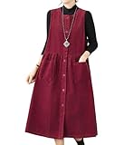 chouyatou Women's Corduroy Button Down Babydoll Tank Dress Crewneck Over Knee Long Overall Dress with Pockets (Large, Red)
