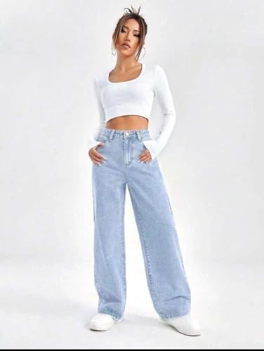 Image of KOTTY Women's High Rise Wide Leg Jeans|Cotton Blend Straight Fit Denim|Trendy Comfortable Casual Wear
