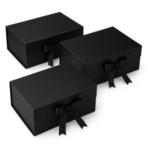 Image of Awestuffs Premium Black Gift Boxes for Gift Packaging, Reusable Decorative Gift Boxes (23 x 16 x 10 cm) for Hampers, Weddings, Birthdays, Festivals & Corporate Gifts (Pack of 3)