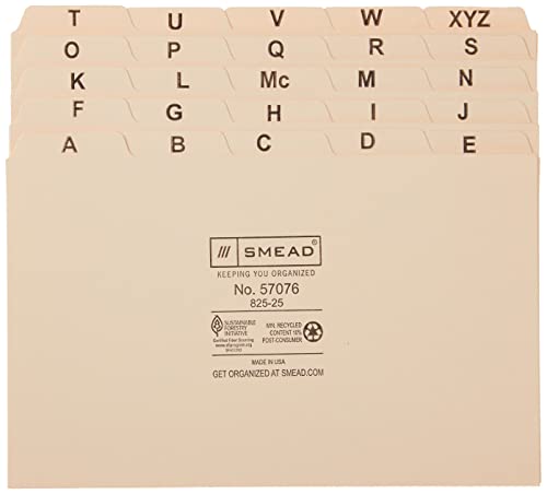 Smead Card Guide, Plain 1/5-Cut Tab (A-Z), 8"W X 5"H, Manila, 25 Per Set (57076) #TOP1