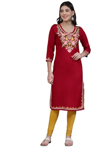 Image of QAZMI Women's Floral Aari Embroidered Viscose Rayon 3 /4 Sleeves Straight Kurta