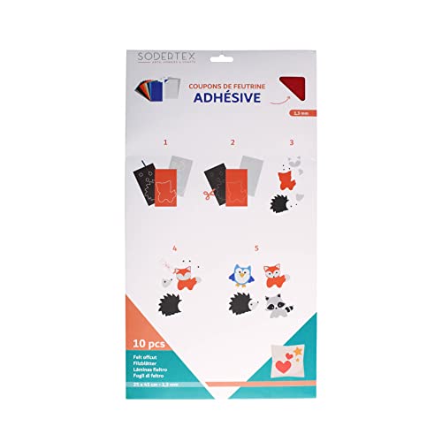 SODERTEX - Coupons Feutrine Adhésifs 180G/M2 - 25x45cm - 10 Couleurs Assorties - L181985 - Loisir créatif
