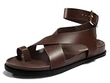 Coutgo Womens Flat Thong Sandals Beach Criss Cross Ankle Buckle Strap Comfortable Footbed Summer Sandal, Brown, Size 8