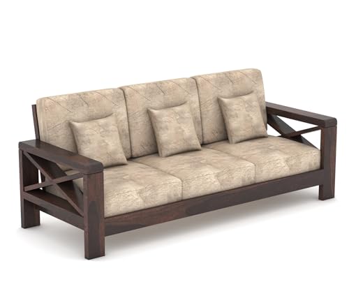 Image of NATRAJ ART & CRAFT Solid Sheesham Wood 3 Seater Hizen Sofa Set for Living Room with Cream Cushions, X-Legs Sofa Set - Light Walnut Finish