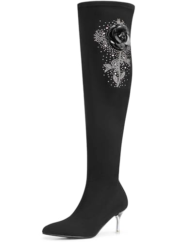 Perphy Rhinestone Flower Pointed Toe Stiletto Heel Over the Knee High Black Boots for Women 9 M US