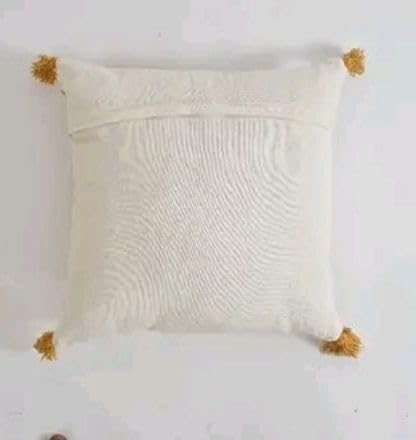Image of Cushion Cover Pack of 2 (16x16 Inches) | Cotton Textured Decorative Throw Pillow Case for Sofa Bed Living Room Tufted Cushion Cover with Tassels (YellowFLR)
