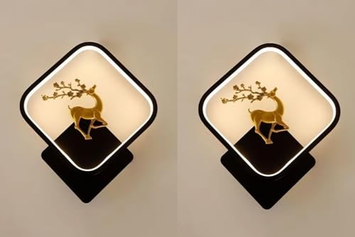 Image of Square LED Wall Light with Golden Deer & Branch Design, Multi-Color LED | Plastic | Wall Lamp for Bedroom, Living Room, Hallway, Pack of 2