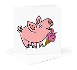 3dRose Greeting Card - Funny Cool Pink Pig eating ice Cream Cone Cartoon - Animals