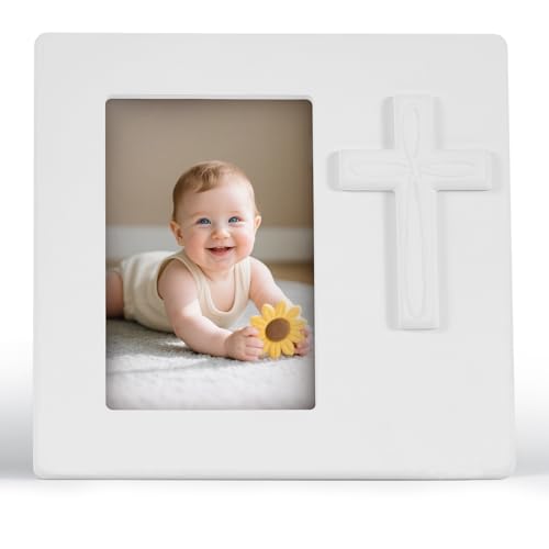 OOOMART.COM Baptism Picture Frame First Communion Frame for Girls Baptismal Gift For Boys White Wooden Cross Design Religious Photo Frame Baby Christening Gifts 3.5 X 5