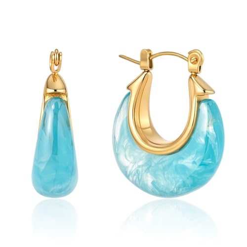 Image of Fullpop Vintage Earrings for Women, Chunky 14K Gold Plated Resin Hoop Earrings Lightweight Hollow Drop Earrings Hypoallergenic Earrings for Women Vintage Anthropologie Jewelry Gifts for Women