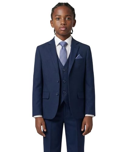 Image of Boys 7-Piece Self-Patterned Navy Blue Suit Set – Slim Fit Wedding Special Occasion Outfit Size 9 Years UK