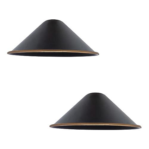 Black Gold Line Edge Metal Cone Lamp Shade 22cm, 2 Pack Easy Fit E27 Pendant Shade with Reducer Plate, Modern, Vintage Industrial Ceiling Lampshade for Kitchen Island Dining Room Hallway