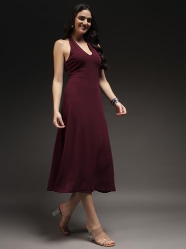 Trend Arrest.ed Women's Fit and Flare Midi Dress | V Neck Tie-Back Halter Style | Stretchable Fabric | Sleeveless Flowy Dress for Brunch, Beach, Vacation & Casual Outings view 2