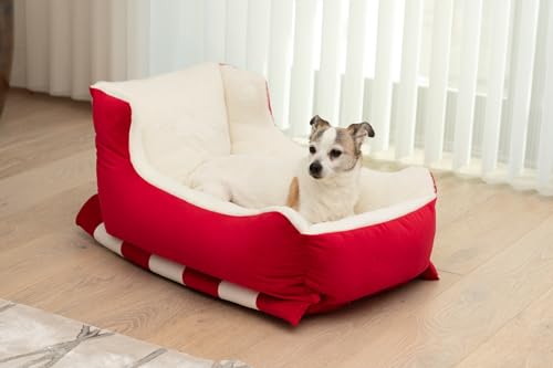 Sherry Kline Holiday Sleigh Dog Bed Red Velvet with Natural Color Faux Fur Indoor and Outdoor Washable and Highly Durable (Small)