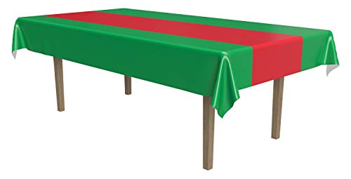 Image of Beistle Red & Green Striped Tablecover, 54 inch x 108 inch - Plastic Table Cloth, Rectangular Tablecloth, Table Covers for Party, Holiday Party Supplies, Christmas Decorations