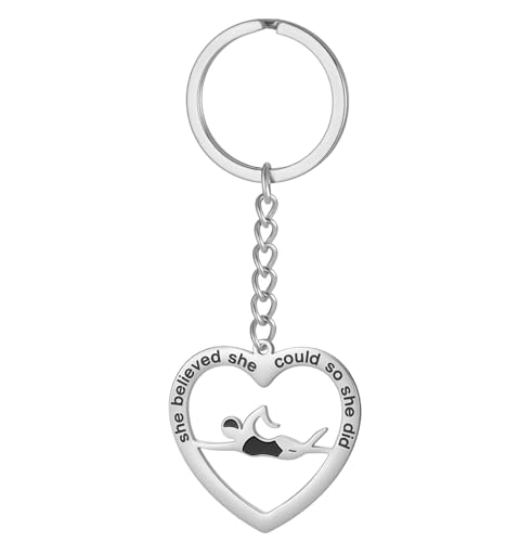 EUEAVAN Inspirierender Schwimm-Schlüsselanhänger Schwimmer Herz Tauchen Schlüsselanhänger Fitness Schmuck Schwimmsport Team Geschenk für Frauen (Schwimmen Silber)