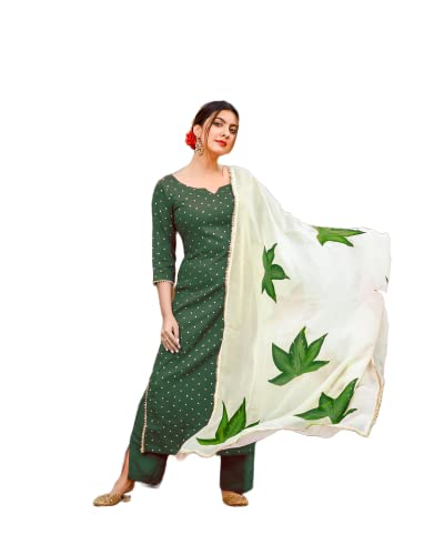Image of ANNI DESIGNER Women's Rayon Straight Raspberry Handpainted Kurta with Palazzos & Dupatta (Rayon STY)