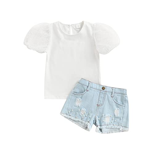 Toddler Baby Girl Puff Sleeve T-Shirt Blouse Top Pearl Embellished Ripped Denim Shorts Summer Outfit (White, 2-3T)