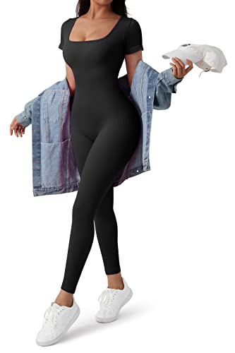 Suuksess Women Ribbed Stretchy One Piece Jumpsuits Yoga Short Sleeve Workout Jumpsuits thumb #1