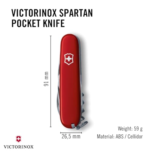 Victorinox Spartan Swiss Army Knife, 12 Functions, Swiss Made Pocket Knife with Corkscrew, Can Opener and Screwdriver - Red