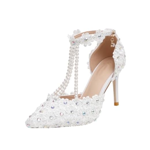 Sapatos de noiva de renda branca floral strass salto alto vestido de noiva com contas pérola alça de pulso bico fino sandálias femininas salto médio sapatos de salto baixo, Salto de 9 cm, 40