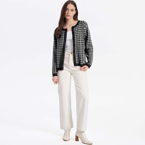 Image of Women's Long Sleeve Crew Neck Plaid Cardigan Sweaters Open Front Button Down Classic Knit Soft Coat Tops