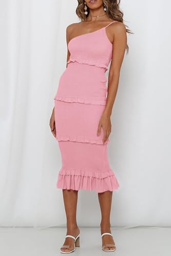 Image of PRETTYGARDEN Women's Summer Midi Bodycon Dresses One Shoulder Strappy Tiered Ruffle Floral Boho Sun Dress